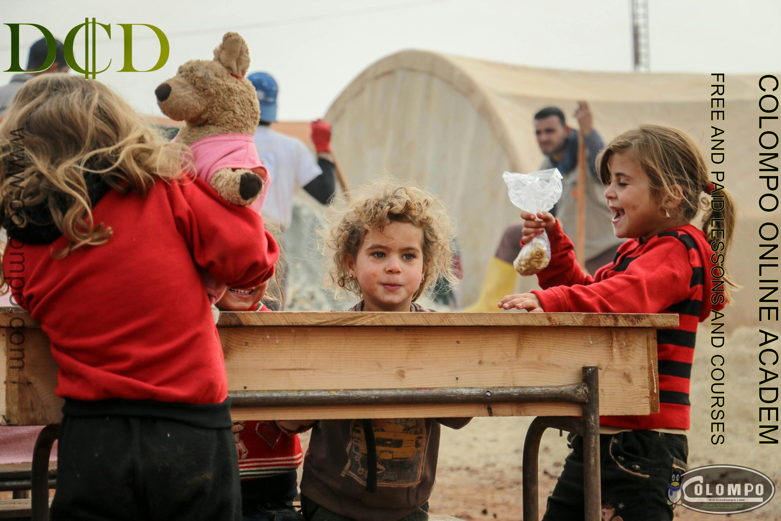 refugees school disk with 3 kids